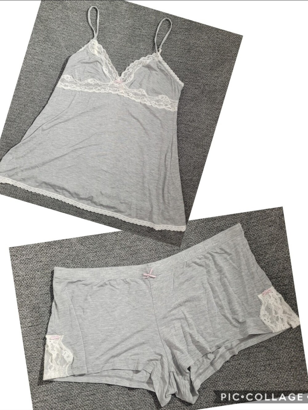 Victoria's Secret Gray White Lace Cami Shorts Pajama Set V-Neck Sleeveless Large